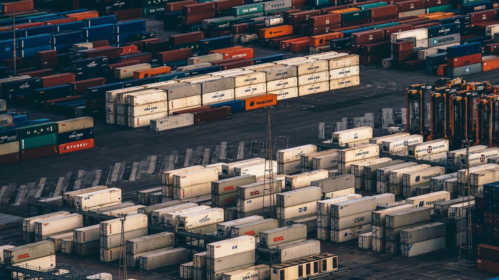 Refrigerated containers stacked in rows at a container terminal
